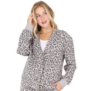 Grey Leopard Print Buttoned V-Neck Fleece Cardigan